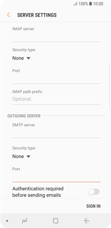Press the indicator next to 'Authentication required before sending emails' to turn on the function. Press the indicator next to 'Authentication required before sending emails' to turn on the function.