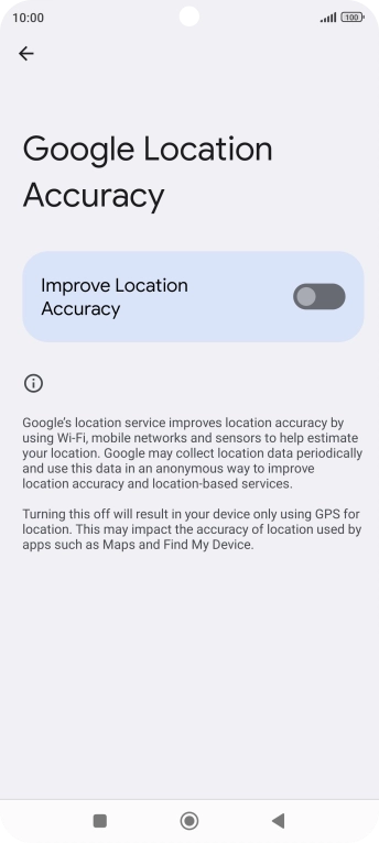 If you press the indicator next to 'Improve Location Accuracy' to turn on the function, your phone can find your exact position using the GPS satellites, the mobile network and nearby WiFi networks. Satellite-based GPS requires a clear view of the sky.