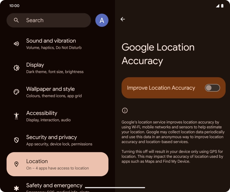 If you press the indicator next to 'Improve Location Accuracy' to turn on the function, your phone can find your exact position using the GPS satellites, the mobile network and nearby WiFi networks. Satellite-based GPS requires a clear view of the sky.