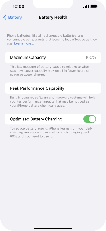 Press the indicator next to 'Optimised Battery Charging' to turn the function on or off.