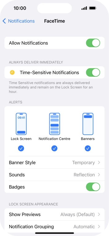Press the indicator next to 'Allow Notifications' to turn notifications for the selected application on or off. Press the indicator next to 'Allow Notifications' to turn notifications for the selected application on or off.