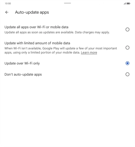 To turn on automatic update of apps using mobile network, press Update all apps over Wi-Fi or mobile data.