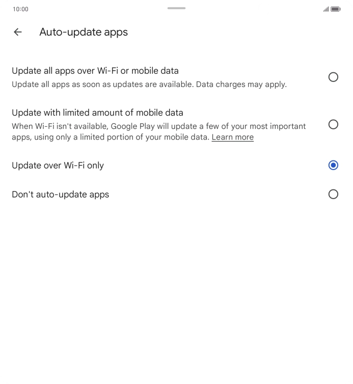 To turn on automatic update of apps using mobile network, press Update all apps over Wi-Fi or mobile data.