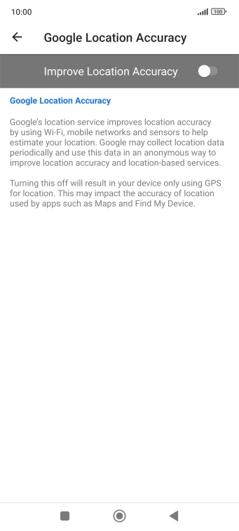 If you press the indicator next to 'Improve Location Accuracy' to turn on the function, your phone can find your exact position using the GPS satellites, the mobile network and nearby WiFi networks. Satellite-based GPS requires a clear view of the sky.