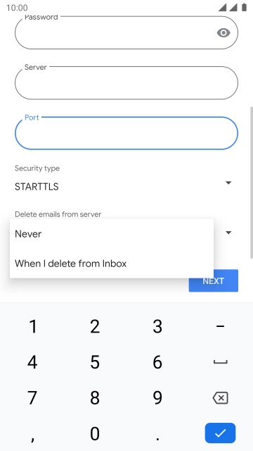 Press Never to keep emails on the server when you delete them on your phone. Press Never to keep emails on the server when you delete them on your phone.