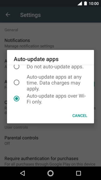 To turn on automatic update of apps using WiFi, press Auto-update apps over Wi-Fi only.. To turn on automatic update of apps using WiFi, press Auto-update apps over Wi-Fi only..