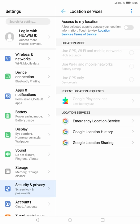 Press the indicator next to 'Access to my location' to turn the function on or off.