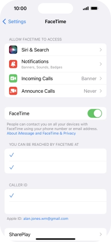 Press the indicator next to 'FaceTime' to turn the function on or off.