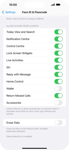 Press the indicator next to 'Erase Data' to turn the function on or off.