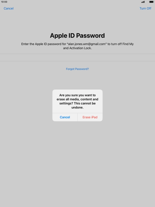 Key in the password for your Apple ID and press Erase iPad. Wait a moment while the factory default settings are restored. Follow the instructions on the screen to set up your tablet and prepare it for use.