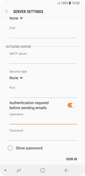 Press the field below 'Password' and key in the password of your email provider's outgoing server.
