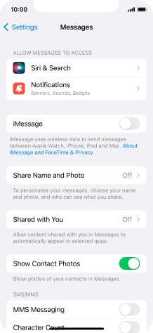 Press the indicator next to 'iMessage' to turn on the function.
