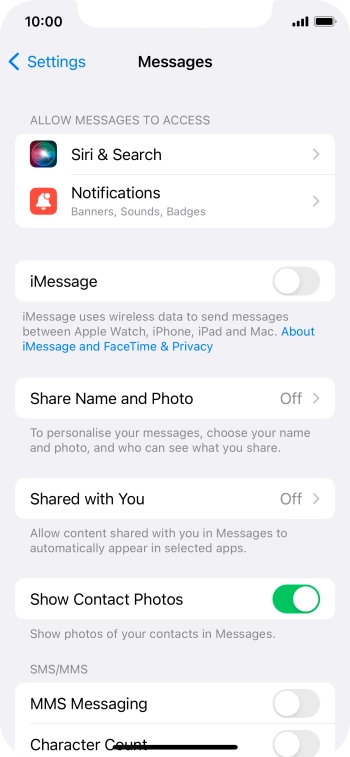 Press the indicator next to 'iMessage' to turn on the function.