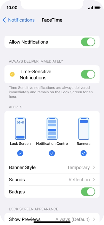 Press the indicator next to 'Allow Notifications' to turn notifications for the selected application on or off.