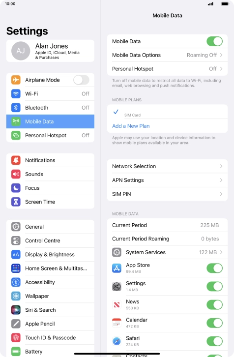 Press the indicator next to 'Mobile Data' to turn the function on or off. Press the indicator next to 'Mobile Data' to turn the function on or off.