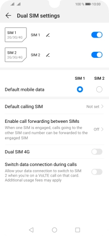 Press the indicator next to the required SIM to turn use of the SIM on or off.