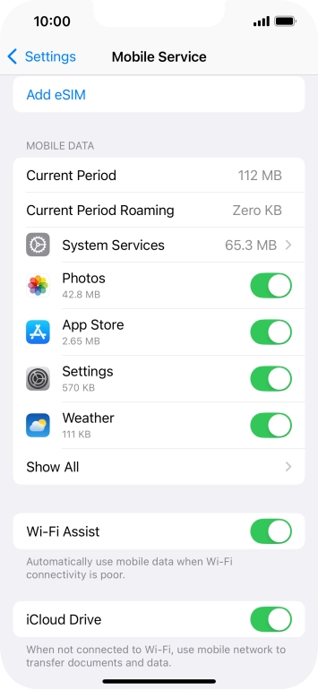 Press the indicators next to the required applications to turn the function on or off.