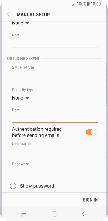 Press the field below 'User name' and key in the username of your email provider's outgoing server.