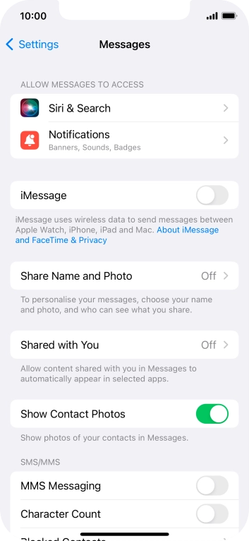 Press the indicator next to 'MMS Messaging' to turn on the function.