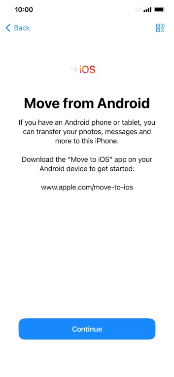 To transfer content to your phone, you need to install the app 'Move to iOS' on the Android phone. When the app is installed, press Continue.