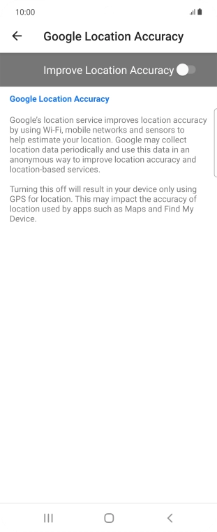 If you press the indicator next to 'Improve Location Accuracy' to turn on the function, your phone can find your exact position using the GPS satellites, the mobile network and nearby WiFi networks. Satellite-based GPS requires a clear view of the sky.