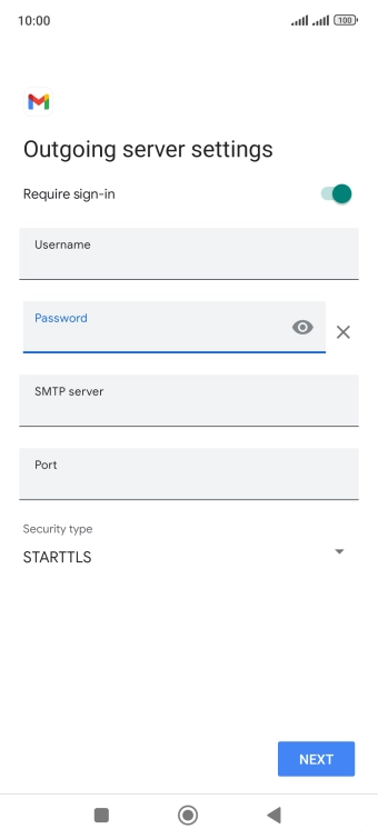 Press the field below 'SMTP server' and key in the name of your email provider's outgoing server. Press the field below 'SMTP server' and key in the name of your email provider's outgoing server.