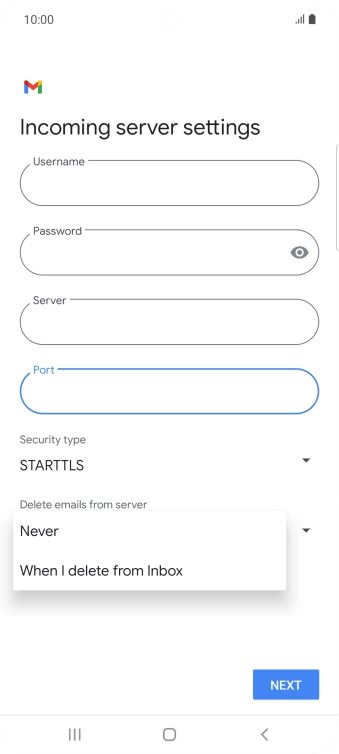 Press Never to keep emails on the server when you delete them on your phone.