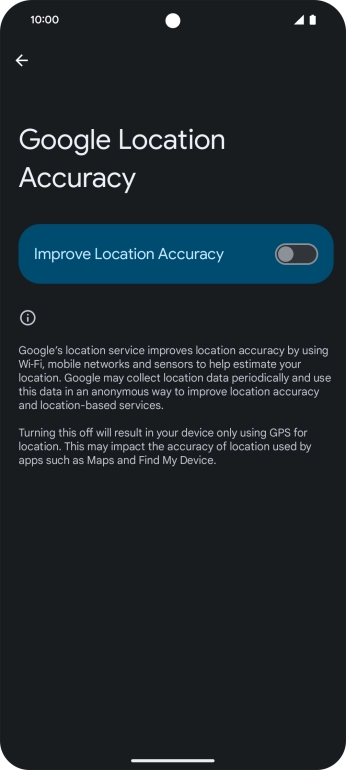 If you press the indicator next to 'Improve Location Accuracy' to turn on the function, your phone can find your exact position using the GPS satellites, the mobile network and nearby WiFi networks. Satellite-based GPS requires a clear view of the sky.