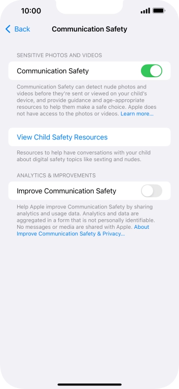 Press the indicator next to 'Communication Safety' to turn the function on or off.