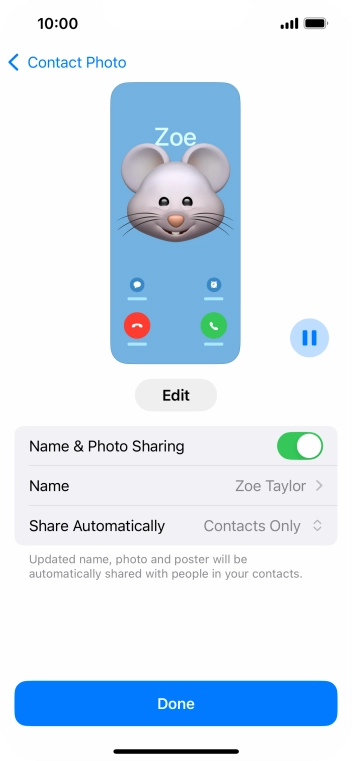 Press the indicator next to 'Name & Photo Sharing' to turn the function on or off.