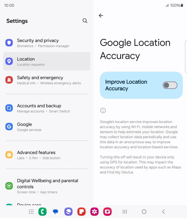 If you press the indicator next to 'Improve Location Accuracy' to turn on the function, your phone can find your exact position using the GPS satellites, the mobile network and nearby WiFi networks. Satellite-based GPS requires a clear view of the sky.