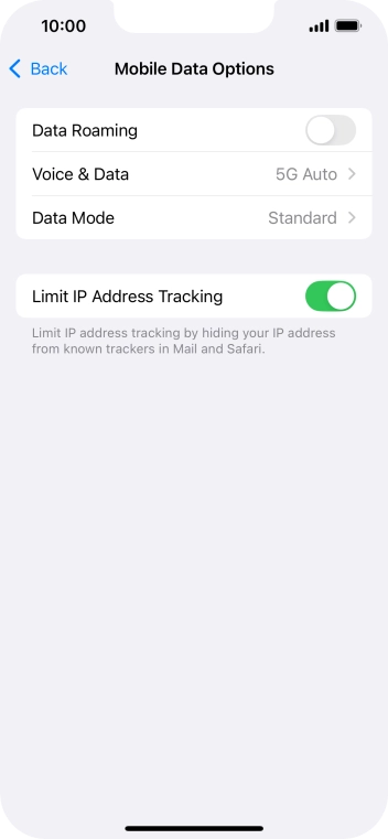 Press the indicator next to 'Data Roaming' to turn the function on or off.