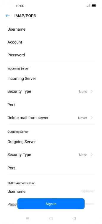 Press Username and key in the username for your email account. Press Username and key in the username for your email account.