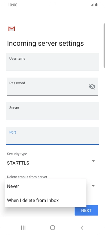 Press Never to keep emails on the server when you delete them on your phone. Press Never to keep emails on the server when you delete them on your phone.