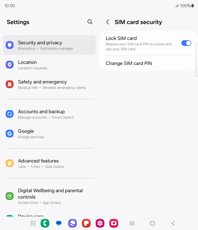 Press the indicator next to 'Lock SIM card' to turn the function on or off.
