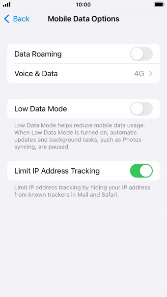 Press the indicator next to 'Data Roaming' to turn the function on or off.