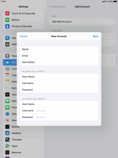 Press Username and key in the username for your email account.
