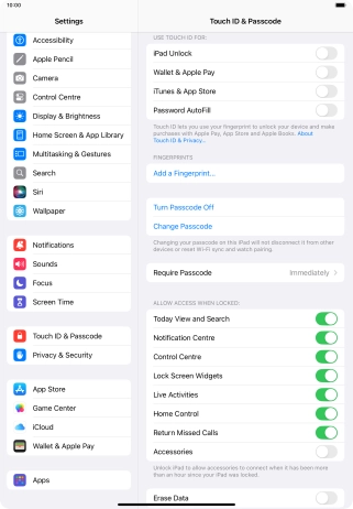 Press the indicator next to 'Erase Data' to turn the function on or off.