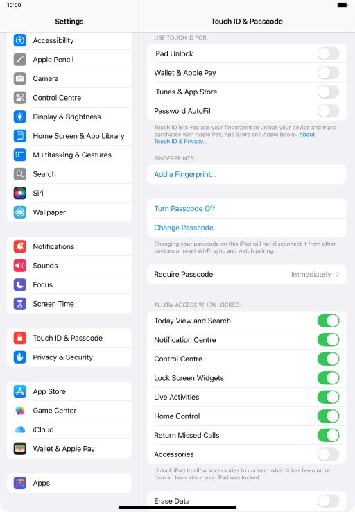 Press the indicator next to 'Erase Data' to turn the function on or off.