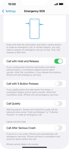 Press the indicator next to 'Call After Serious Crash' to turn on the function.
