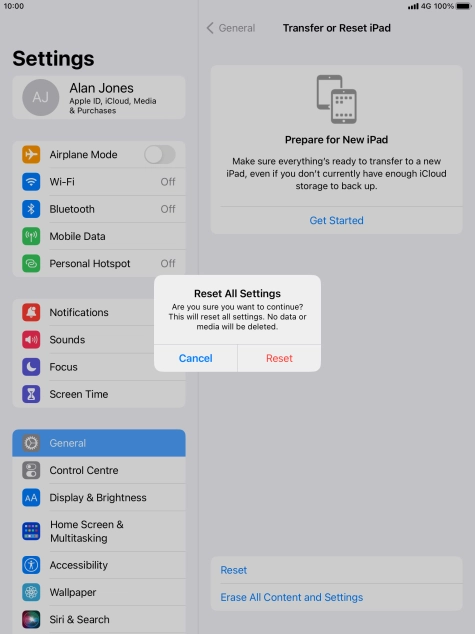 Press Reset. Wait a moment while the factory default settings are restored. Follow the instructions on the screen to set up your tablet and prepare it for use.