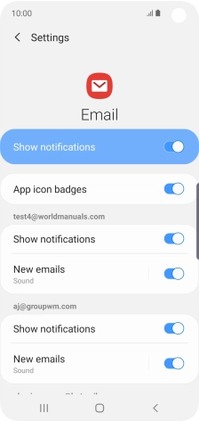 Press the indicator next to 'Show notifications' below the required email account to turn the function on or off.