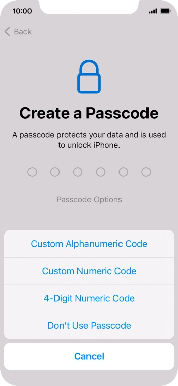 Follow the instructions on the screen to turn on the phone lock code or press Don't Use Passcode.