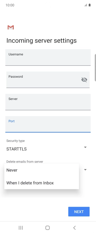 Press Never to keep emails on the server when you delete them on your phone.