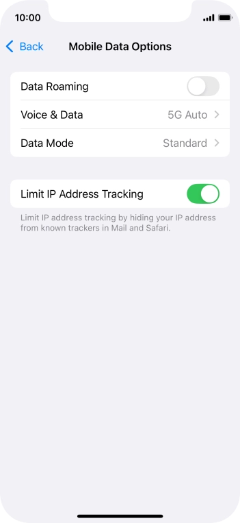 Press the indicator next to 'Data Roaming' to turn the function on or off.
