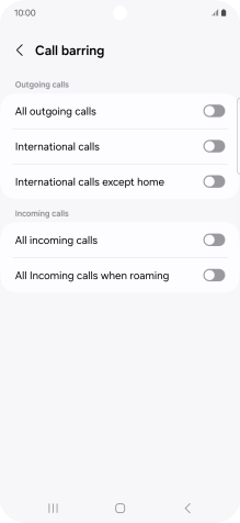 Press the indicator next to the required barring type to turn the function on or off.
