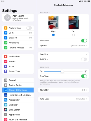 If you turn on the function, press Options and follow the instructions on the screen to select the required period of time for Dark Mode.