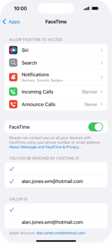 Press the indicator next to 'FaceTime' to turn the function on or off.