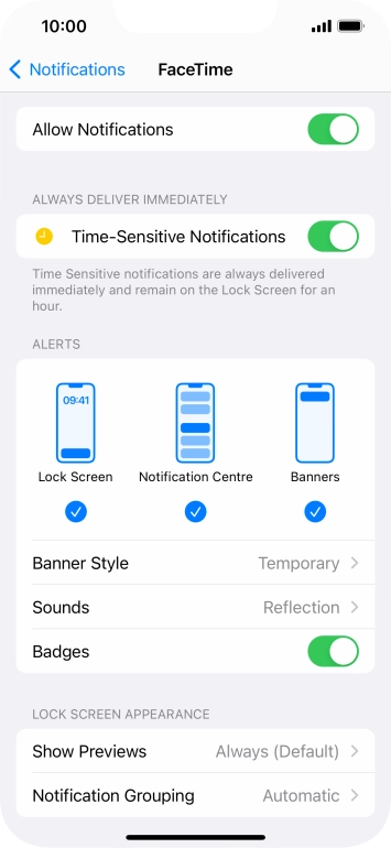 Press the indicator next to 'Allow Notifications' to turn notifications for the selected application on or off. Press the indicator next to 'Allow Notifications' to turn notifications for the selected application on or off.