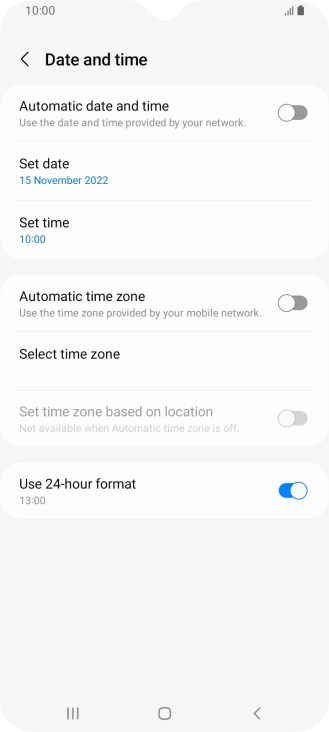 Press the indicator next to 'Automatic date and time' to turn on the function.